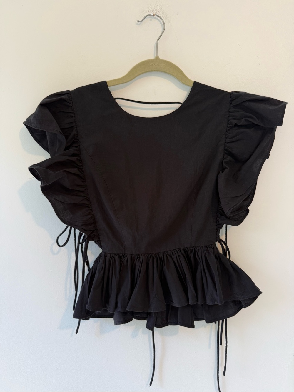 The Label Black Ruffle Peplum Top Open Lace Up Back Blouse Size S